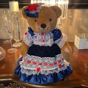 Vintage ANCO Victorian Plush Teddy Bear Blue velvet & Lace Dress, Metal Stand